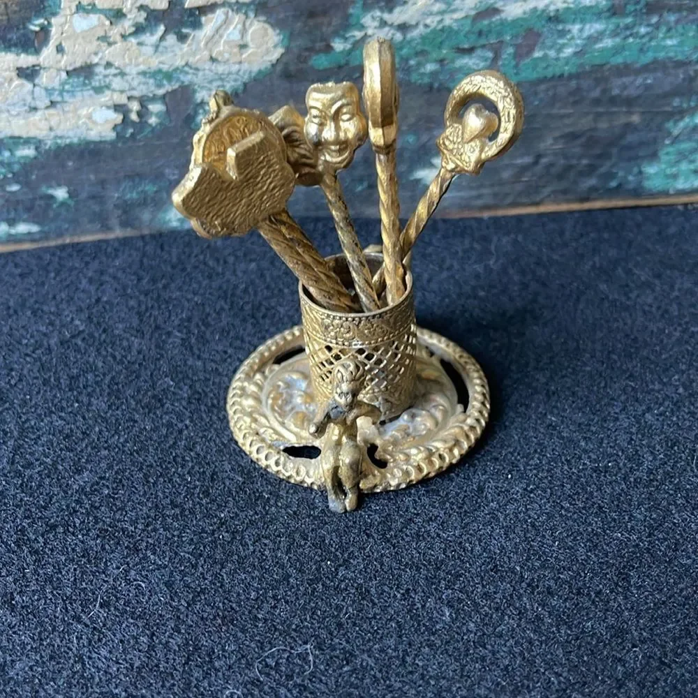 Baroque Cherub Cocktail Picks And Holder Gilt Ornate Vintage